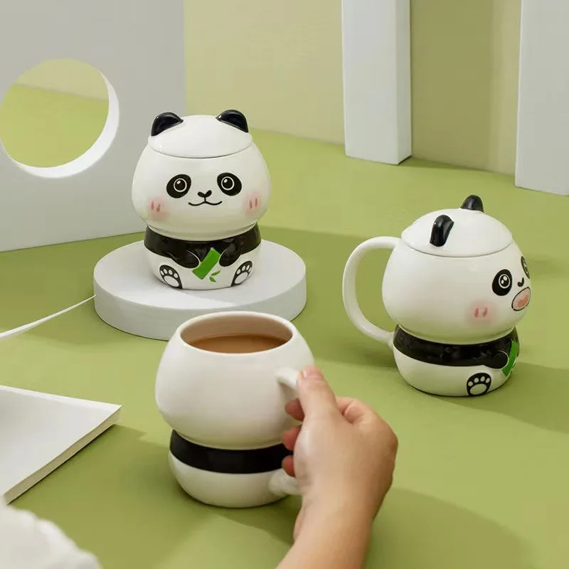 children birthday gift ceramic cute 3d panda coffee mug with lid and spoon