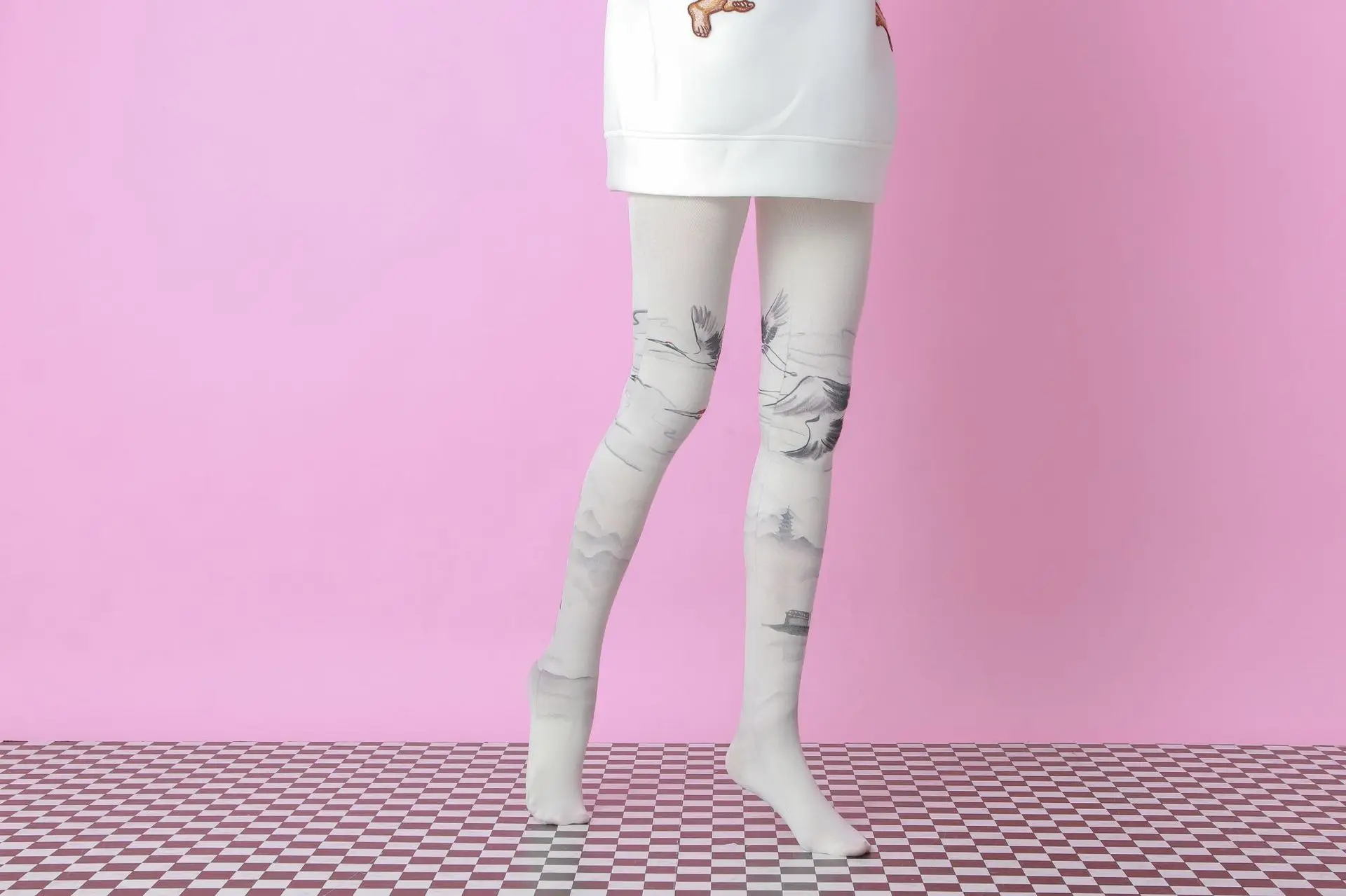 Chinese Ink Painting 360 Print Socks Custom Printed Pantyhose Women Seamless Tights