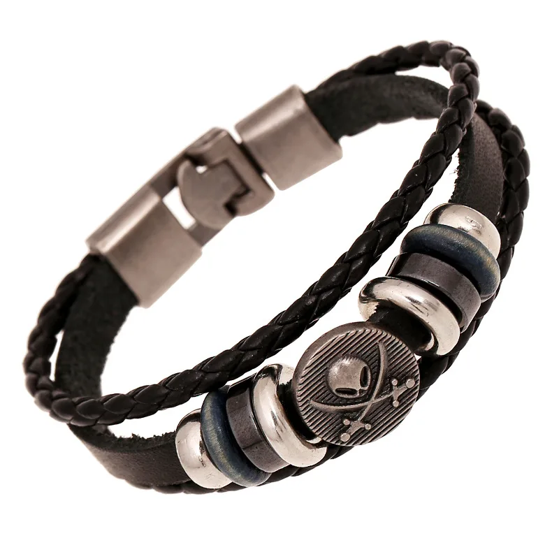 Mens Leather Bracelet Metal Pirate Beads Bracelet Pu Leather Weaved Bracelet