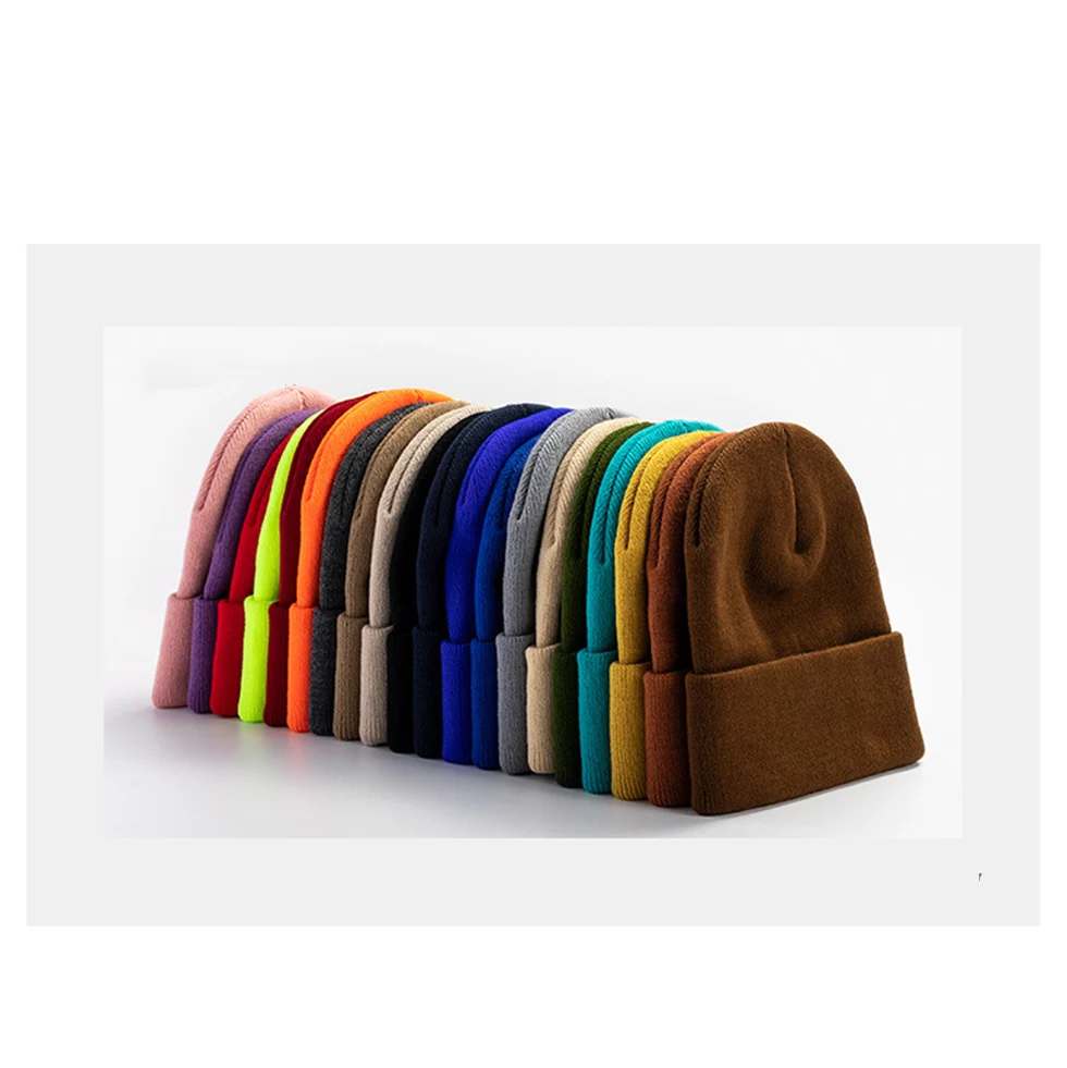 HKL0001 blank cuff brimmed acrylic long beanie without logo custom 3d embroidery leather label pearls winter beanie knitted hat