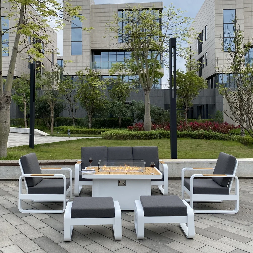 50 Inch Teak Wood Outdoor Furniture  Fire Pit Table  with Teak Wood Sofa Set