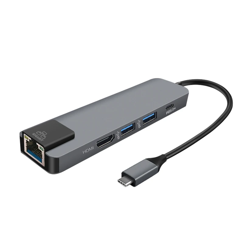 Fast Charging PD USB3.0 4K RJ45 Full HD Usb C Hub 5 In 1 Type C Gigabit Ethernet Adapter With Ethernet