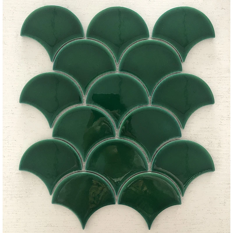 glazed green color fan tile wall decoration fish scale shape for hotel washroom OEM high quality gloss porcelain
