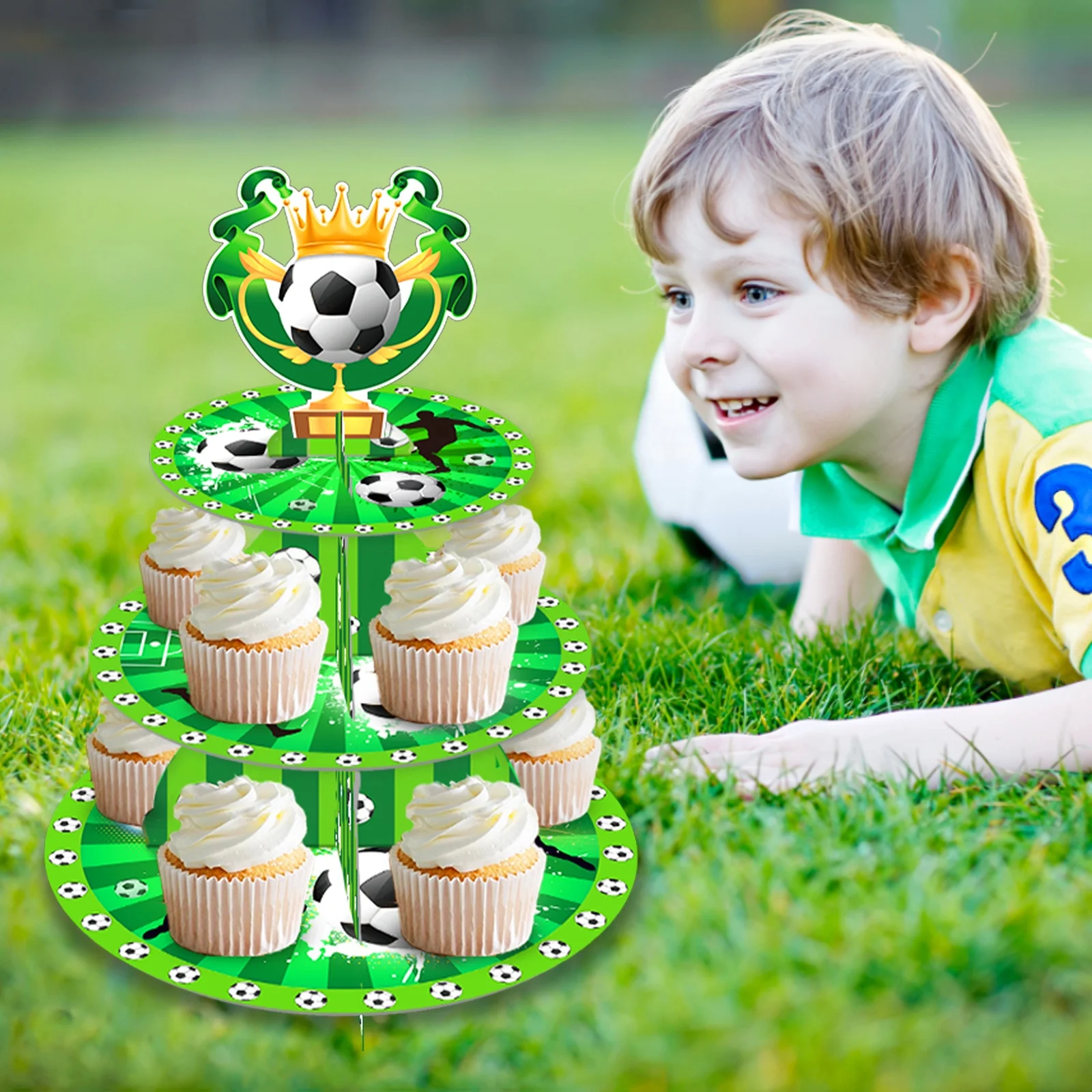 Huancai Football Theme Cake Stand 3 Tier Cupcake Stand Boys Soccer Party Decorations for Baby Shower Birthday Party Supplies