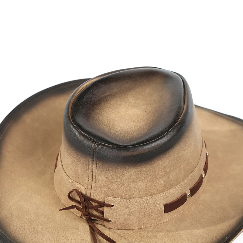 Кожаная ковбойская шляпа с широкими полями, шляпа рыцаря в западном стиле для мужчин и женщин, уличная шляпа из коровьей кожи с забавными краями