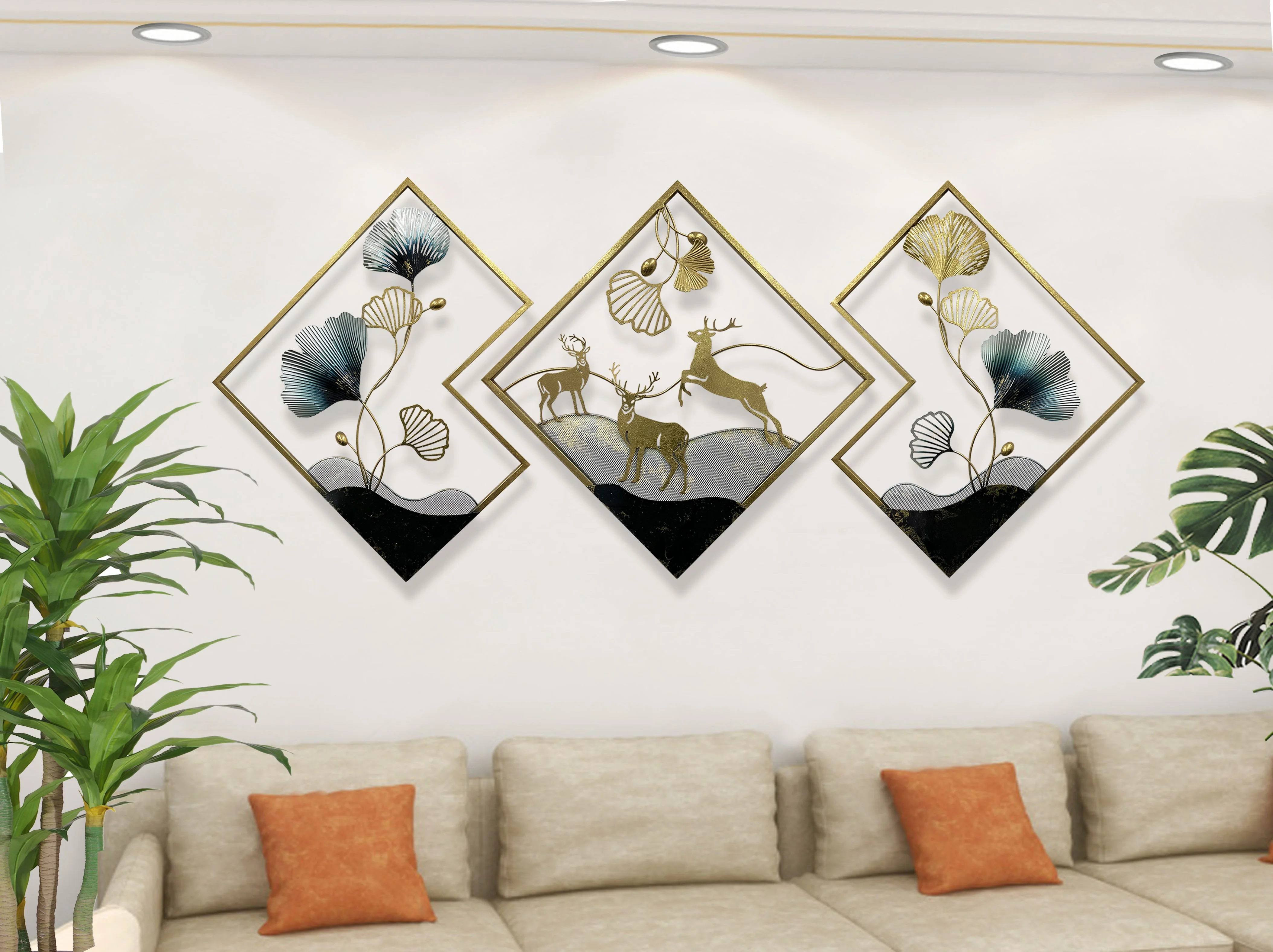 Nordic style ginkgo leaf with deer metal wall hanging sets modern wall decor golden background living room bedroom wall hanging