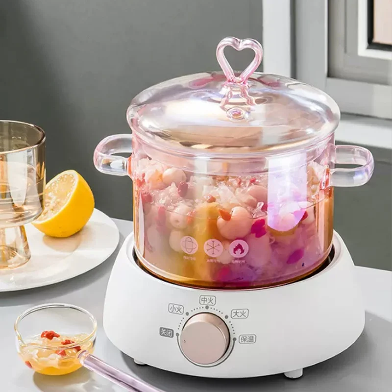 Direct Sales 1600ml Pink Colored Stocked Heat-resistant Glass Saucepan With Cover Stovetop Pot And Pan With Heart Knob Lid