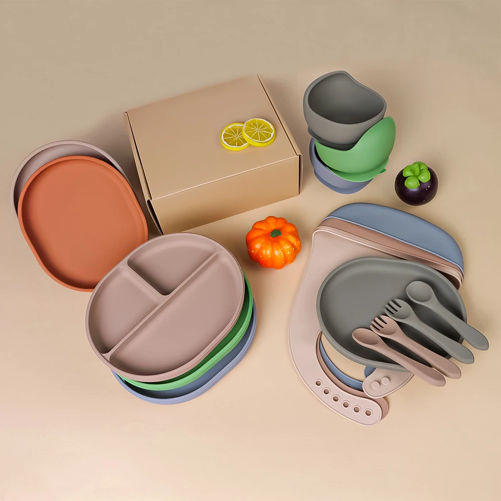 Divided Feeding Bowl Silicone Baby Dishes Kid Dinner Suction Baby Silicone Tableware Plate Bowl Set Bibi Feeding Set