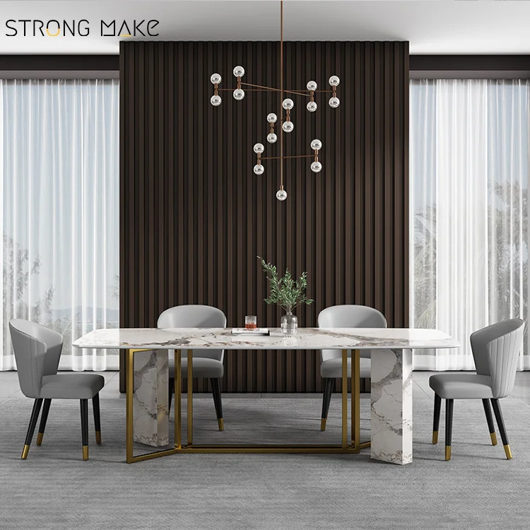 2023 Italian High Quality Simple Modern Gold Base Luxury Dinning Room Table Rectangle Marble Sintered Stone Top Dining Table