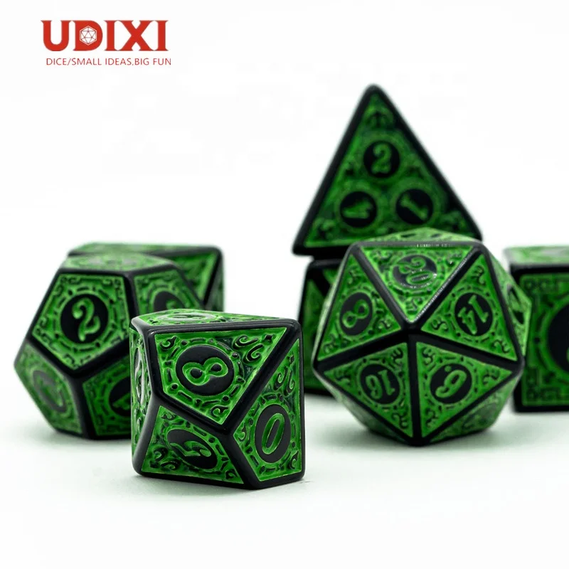 Udixi Пользовательский логотип, пластиковые многогранные кости для ролевых игр D4 D6 D8 D10 D12 D20, Подземелья и Драконы, акриловые кости, набор, зеленый узор Dnd