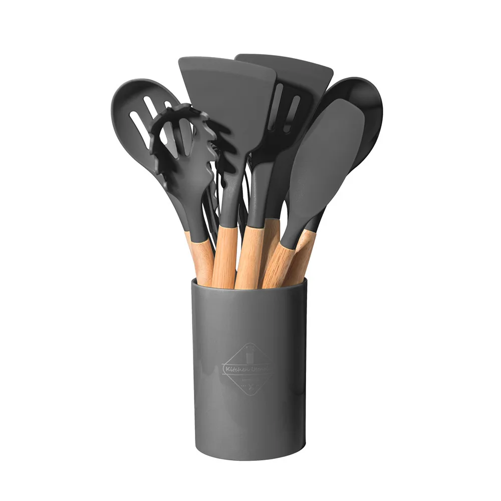 Cooking non-stick pan storage bucket wooden handle silicone cookware 12-piece silicone kitchen utensils spatula spoon set