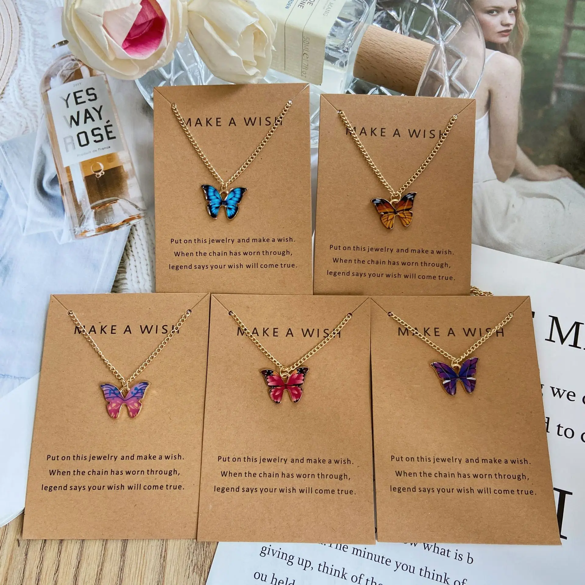 Bohemian Trendy Multiple Colors Butterfly Necklace Jewelry Thin Chain Colorful Pendant Necklace For Women