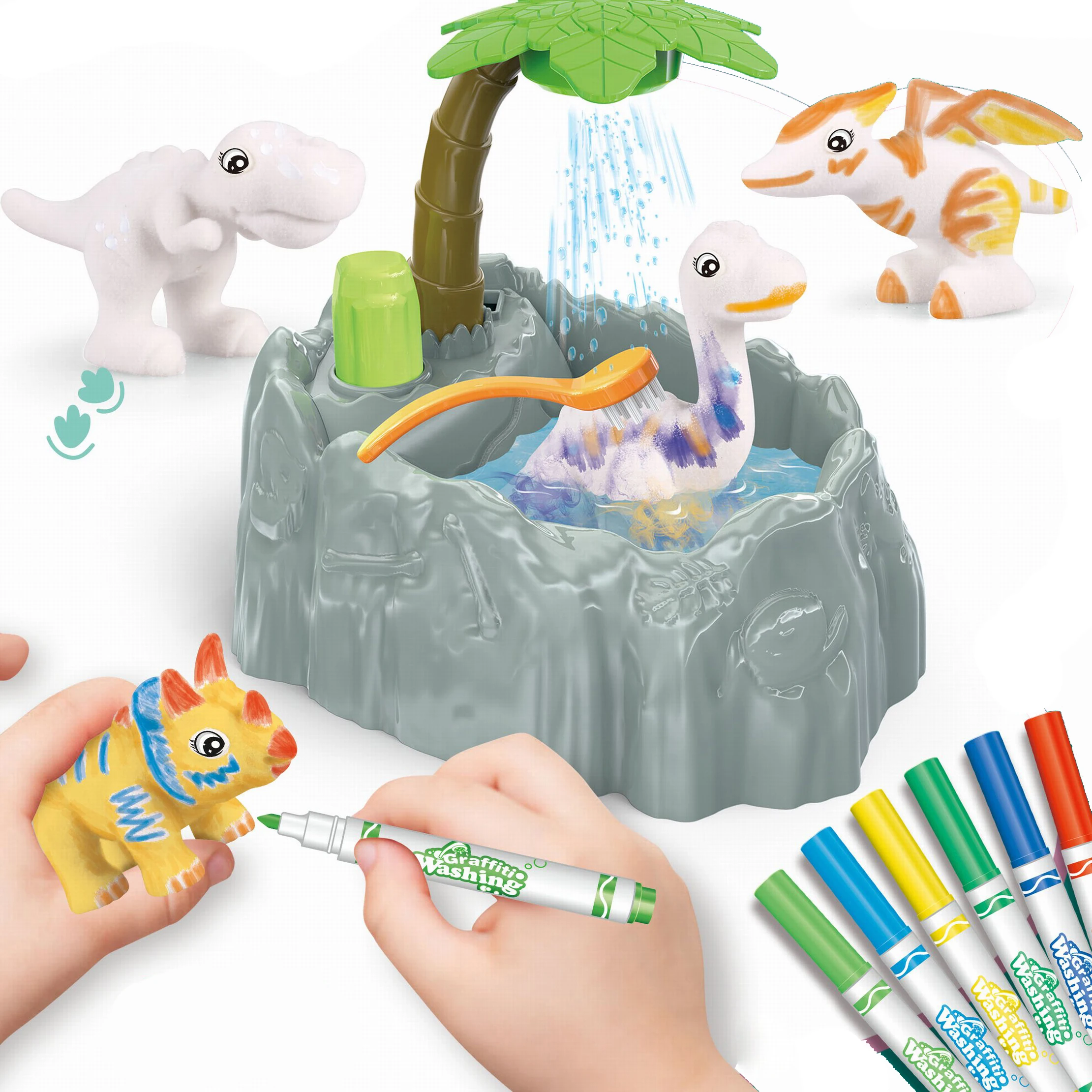 Hot flocking material diy drawing animal washable paint 3D toy doll graffiti& washing set dinosaur bathtub painting pen toys diy