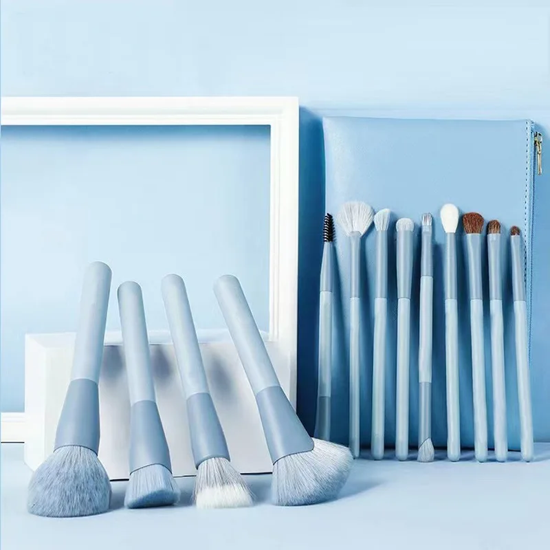 13 Pcs Blue Makeup Brushes Kit Fine Animal Hair Wool Horsehair Cosmetic Make Up Brush Set With Bag Storage Bucket