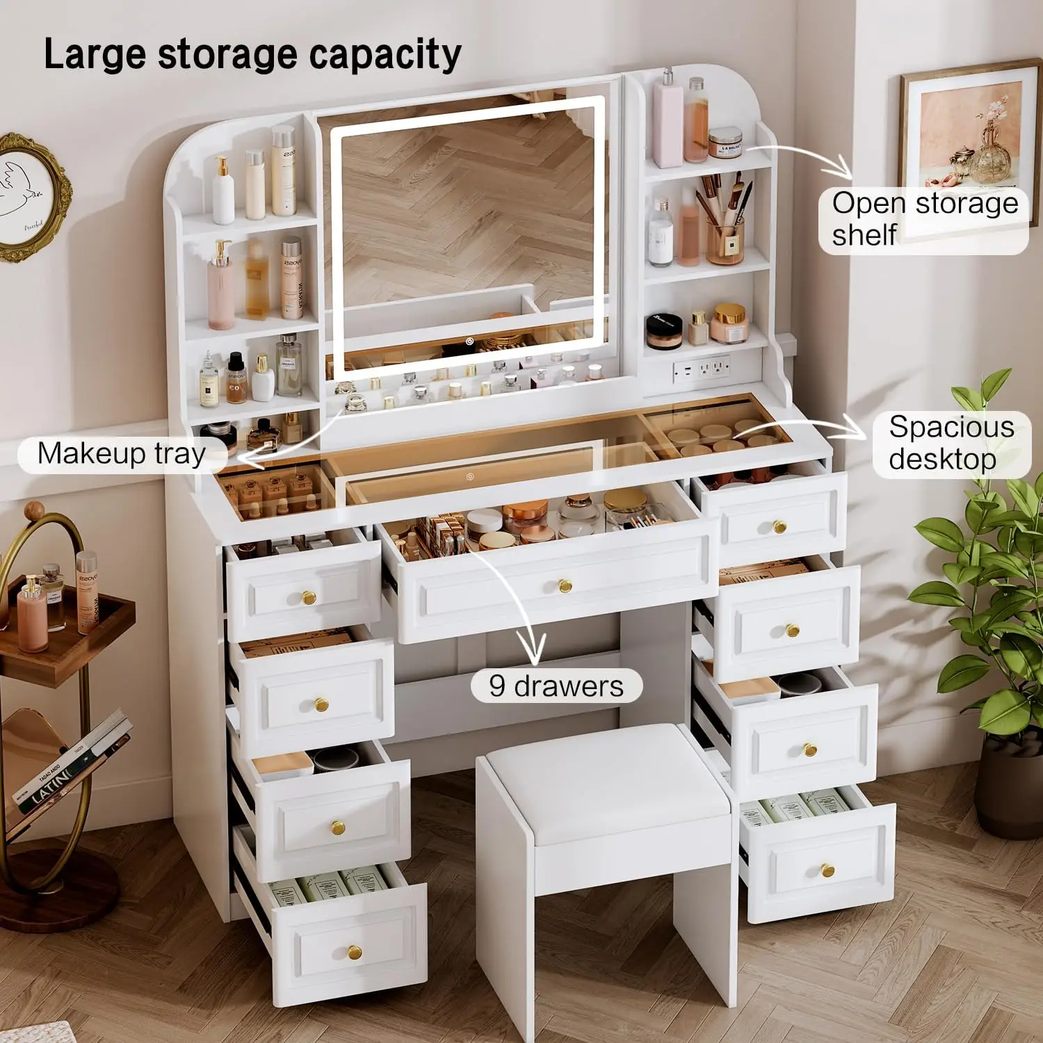 Vanity Desk  Power Outl,Makeup Vanity with mirror and lights,Makeup Table with Drawers Storage Shelves