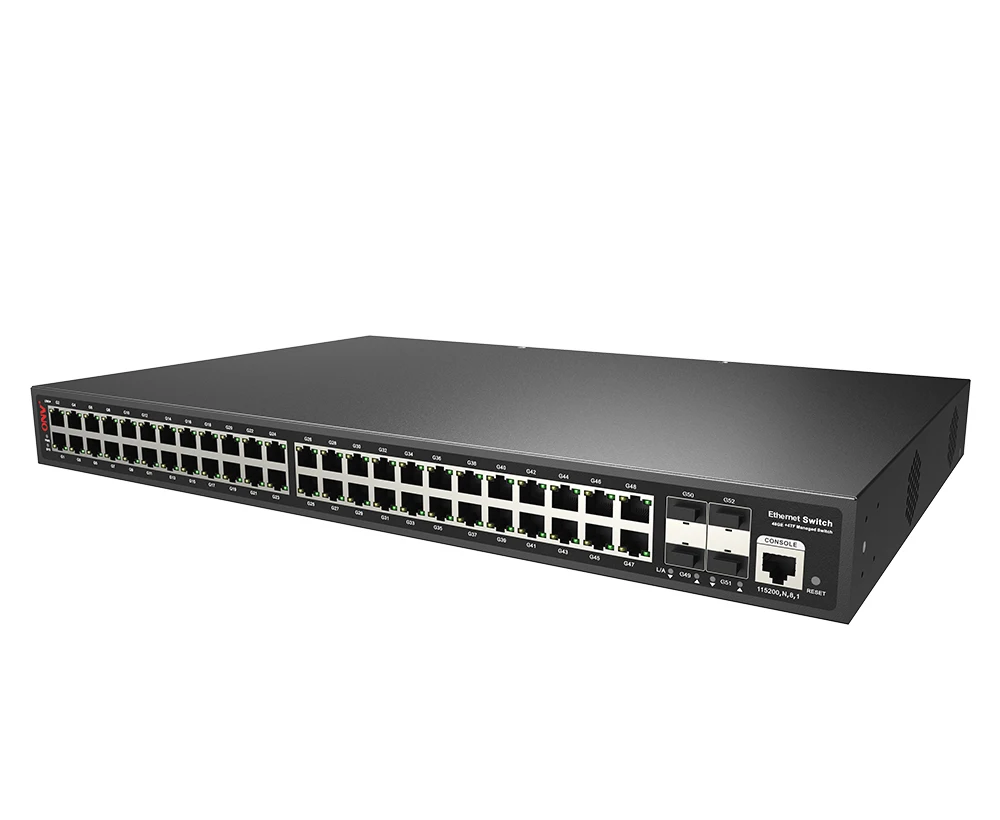 52-port Gigabit Managed Ethernet Switch for security protection mechanisms, complete ACL/ QoS policies, and rich VLAN functions