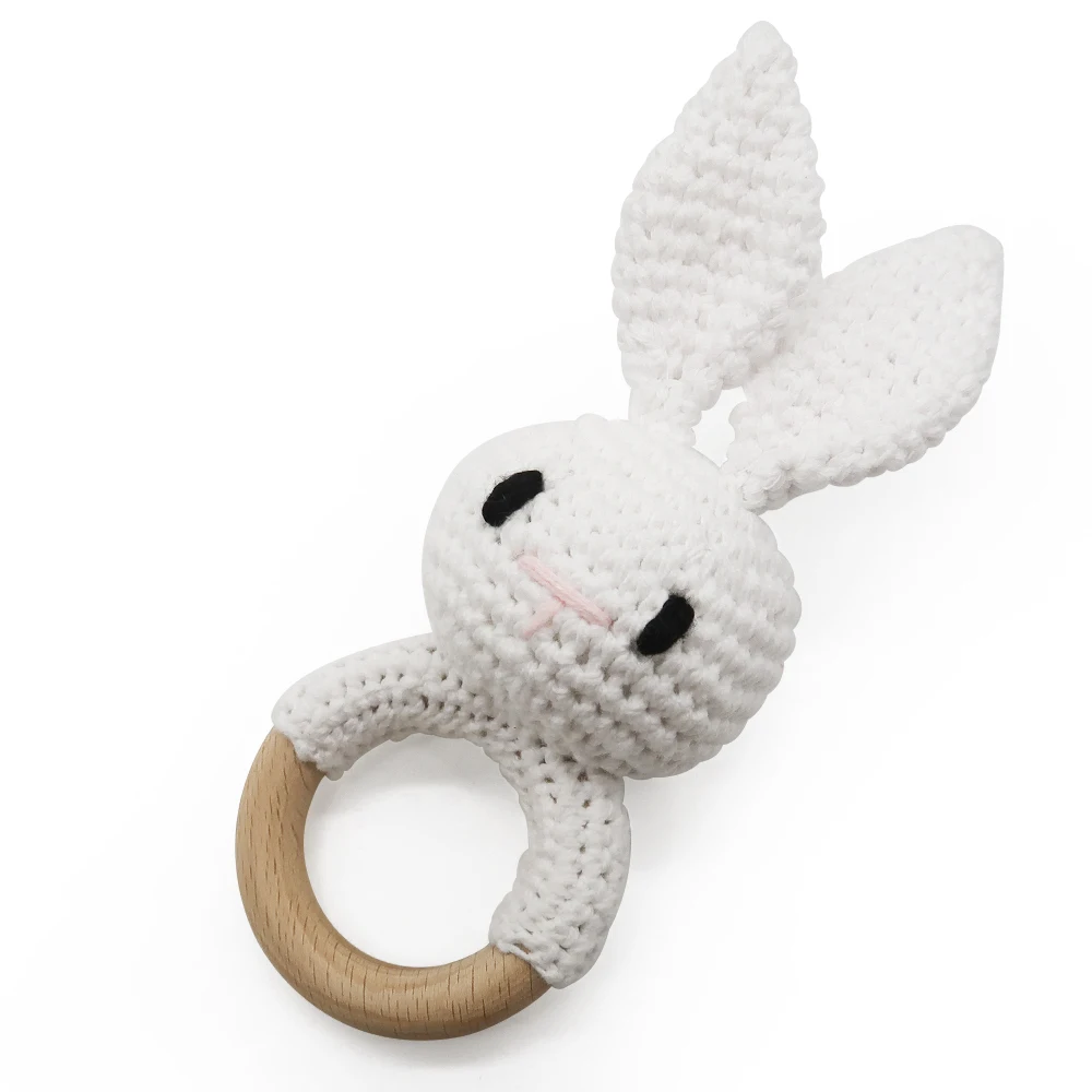 New Design Animals Cute Super Soft Knitted Rabbit Panda Reindeer baby wooden rattle teether baby crochet toys
