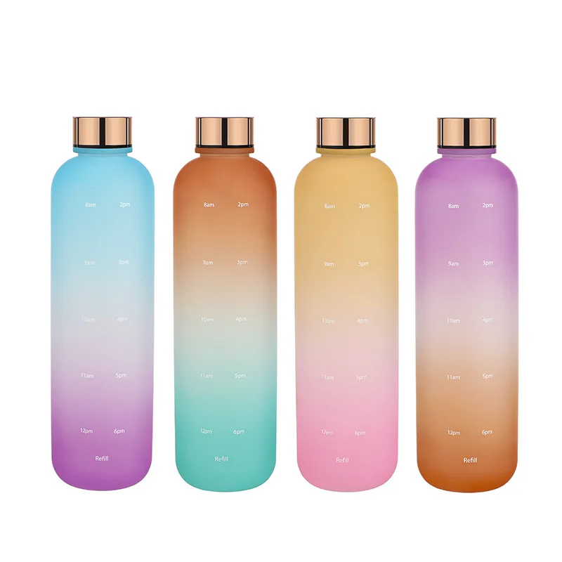 Multicolour 1 Liter Water Bottle 1000ml Transparent Plastic Water Bottle With Gradient Color Sport Water Bottle With Time Marker