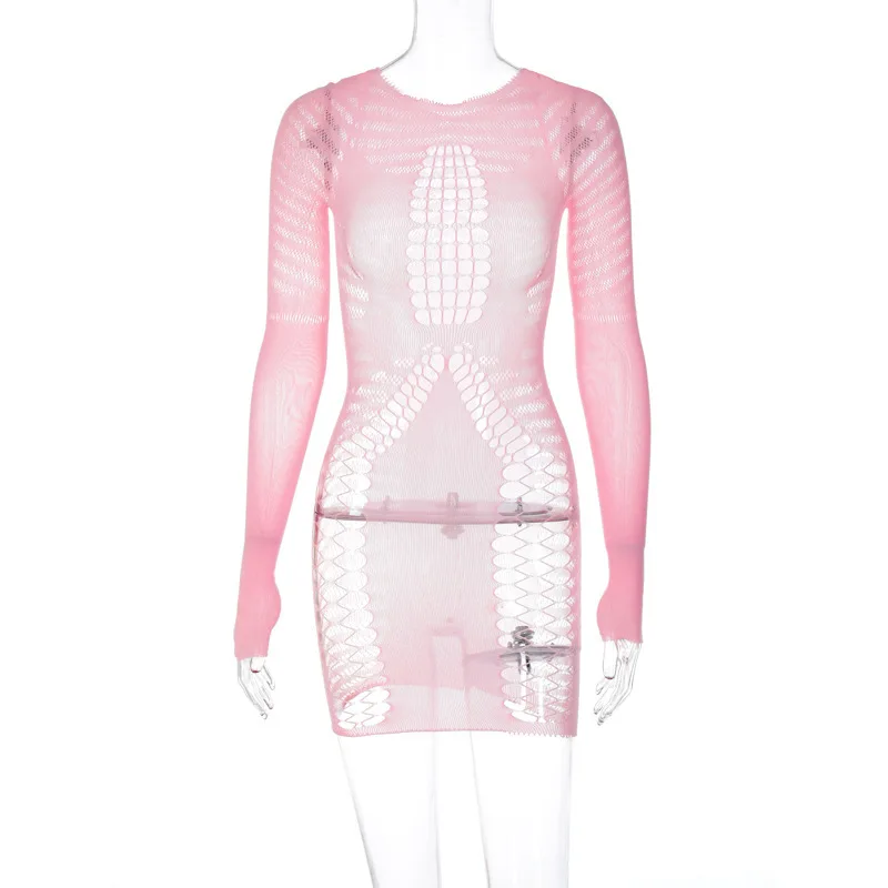 Hole Sexy Bodycon Short Sleeve Mini Dress 2023 Summer Hollow Out Women Clothing Club Party Apparel Girl Fashion