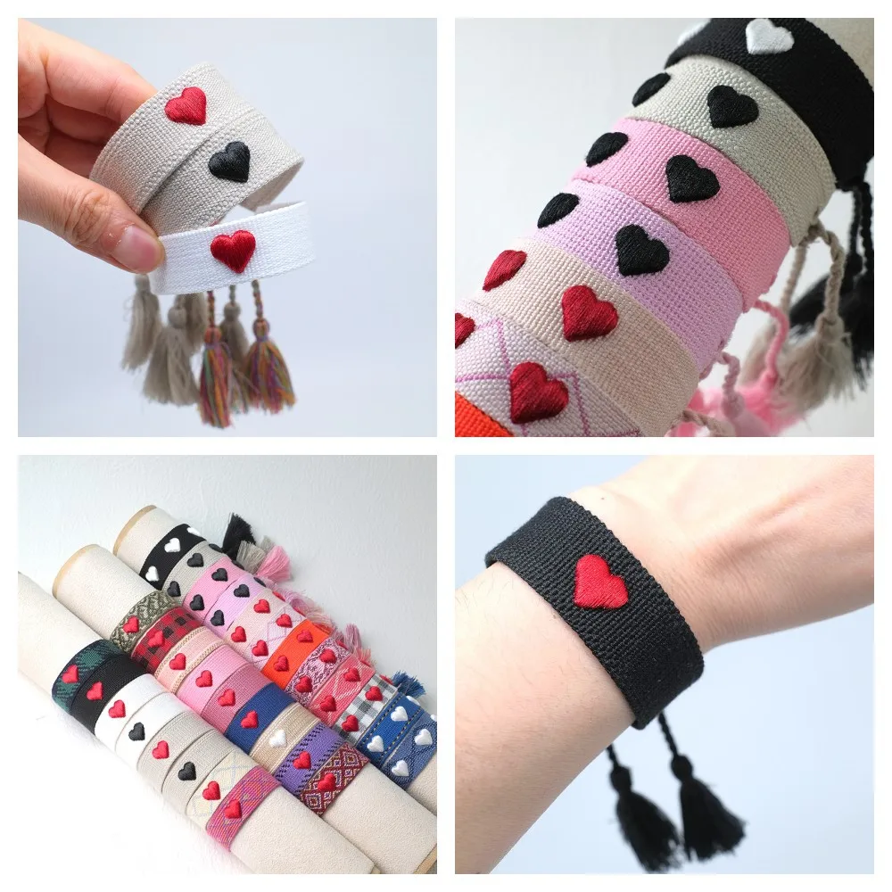 Bohemian Custom Logo Ribbon Letter Embroidery heart Friendship Braided Bracelet Adjustable Woven Charm Webbing Tassel Bracelets