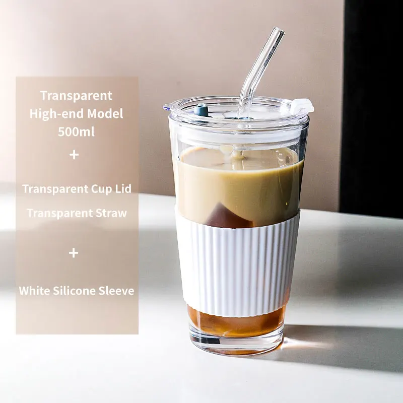 Whole Hot Selling 350ml Amber Glass Water Cup With Glass Straw And Plastic Lid  Silica Gel Sheath Glass Cup Water Beer Mug