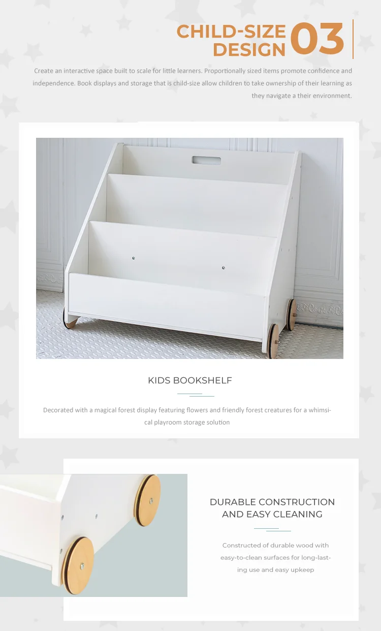 Kids furniture Custom wooden bookcase with wheels Library kindergarten school mobile magazine bookcase