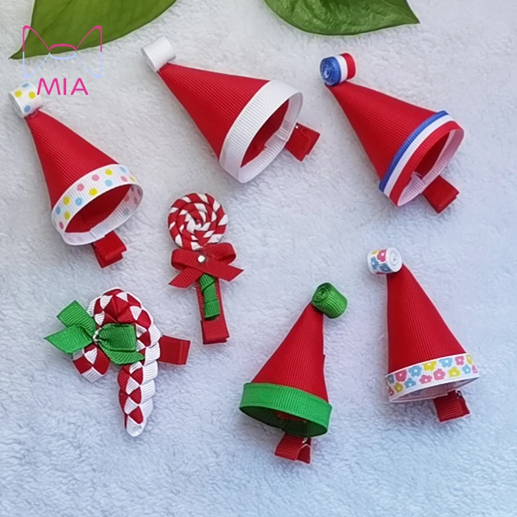 Hot selling Christmas Grosgrain Ribbon baby girl hair accessories cartoon candy cane Christmas mini santa hat hair bow clip