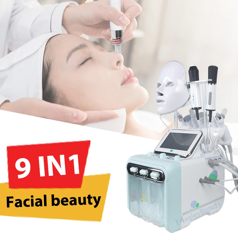 9 In 1 Facial Beauty Oxygen H2O2 Facial Dermabrasion Peeling Machine Small Bubble Vacuum Massager Phototherapy Skin Tightening