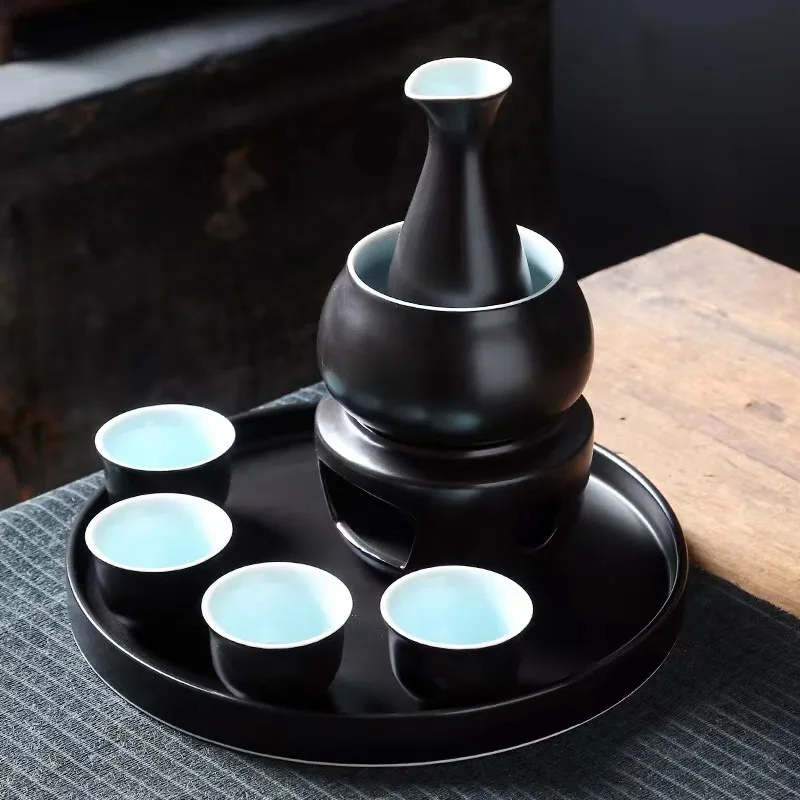 black custom porcelain japanese style warm sake set ceramic sake set cups with warmer pot oem logo