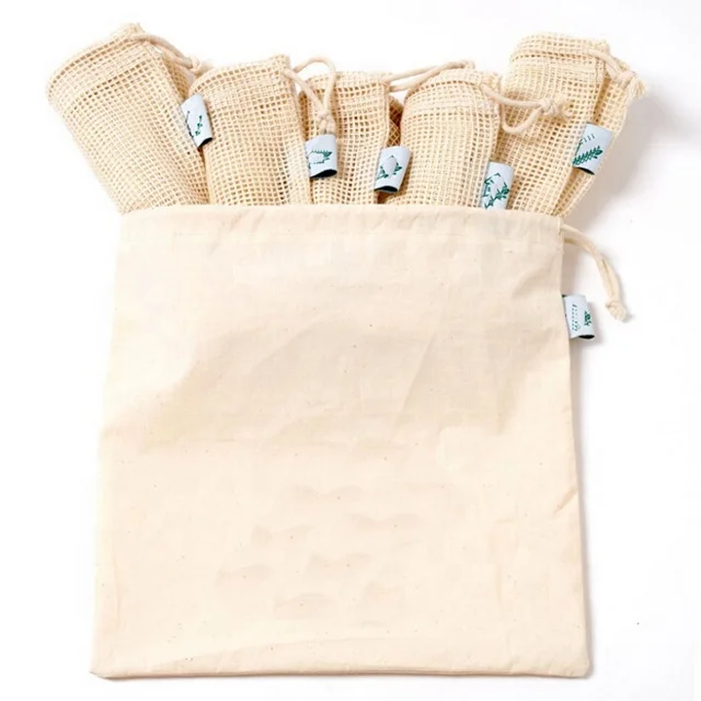 Sopurrrdy Recycled reusable 5 pcs set drawstring and 1pc muslin produce mesh bag for fruit, food