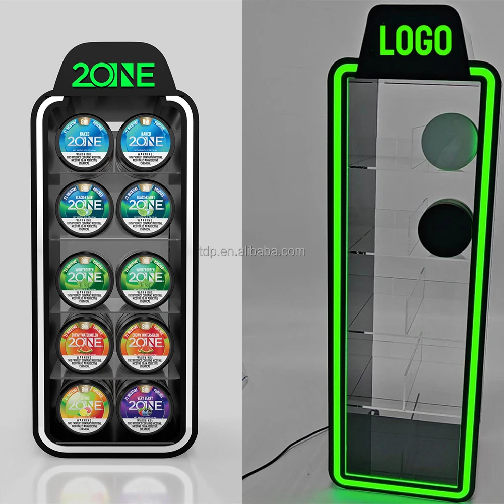 wholesale zone counter led lighting nicotine pouches display case for snus ZYN nicotine pouches sale