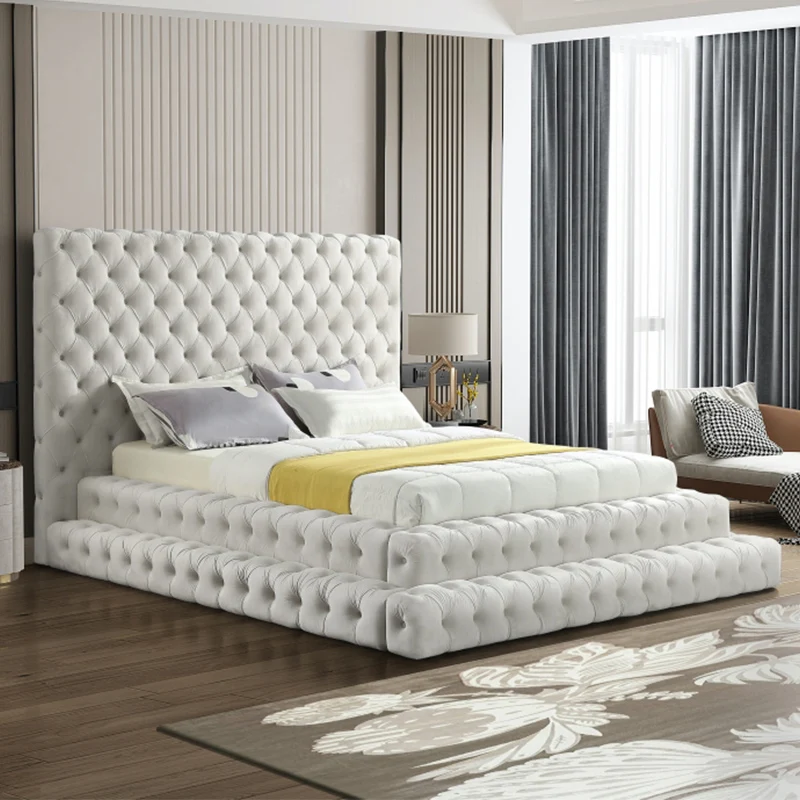 American Style Bedroom Upholstered Tufted Modern Platform Soft King Queen Size Bed Frames
