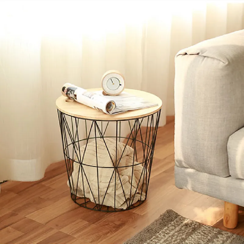 Металлическая проволочная корзина для домашнего хранения, круглый журнальный столик с крышкой из массива дерева