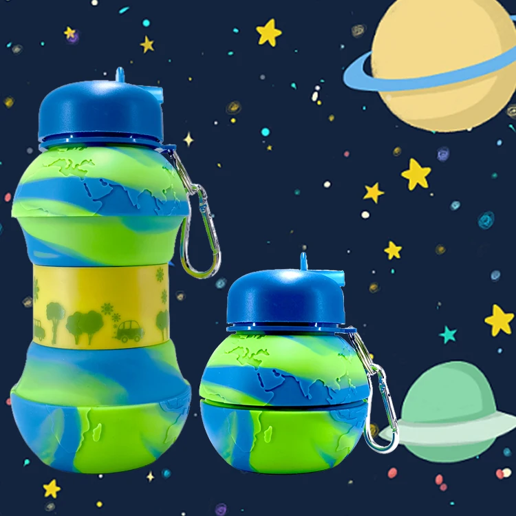 Eco-friendly Silicone Leakproof Water Bottle Kids Portable Collapsible Squeeze Sports Drink Custom Shape Globe Water Bottles