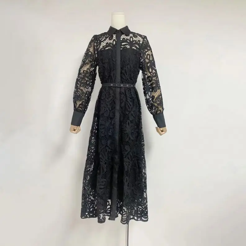 French Artistic Retro Style 2024 Autumn New Lapel Machine Embroidery Hollow-Out Cinched Dress Women