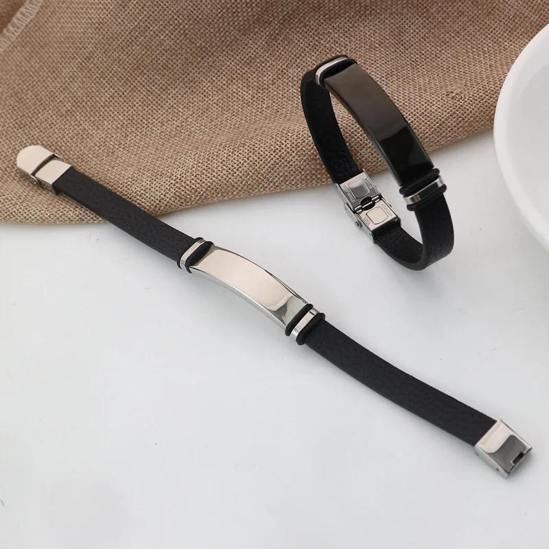 Stainless Steel DIY Engraved Lychee Pattern Retro Leather Couple Bracelet