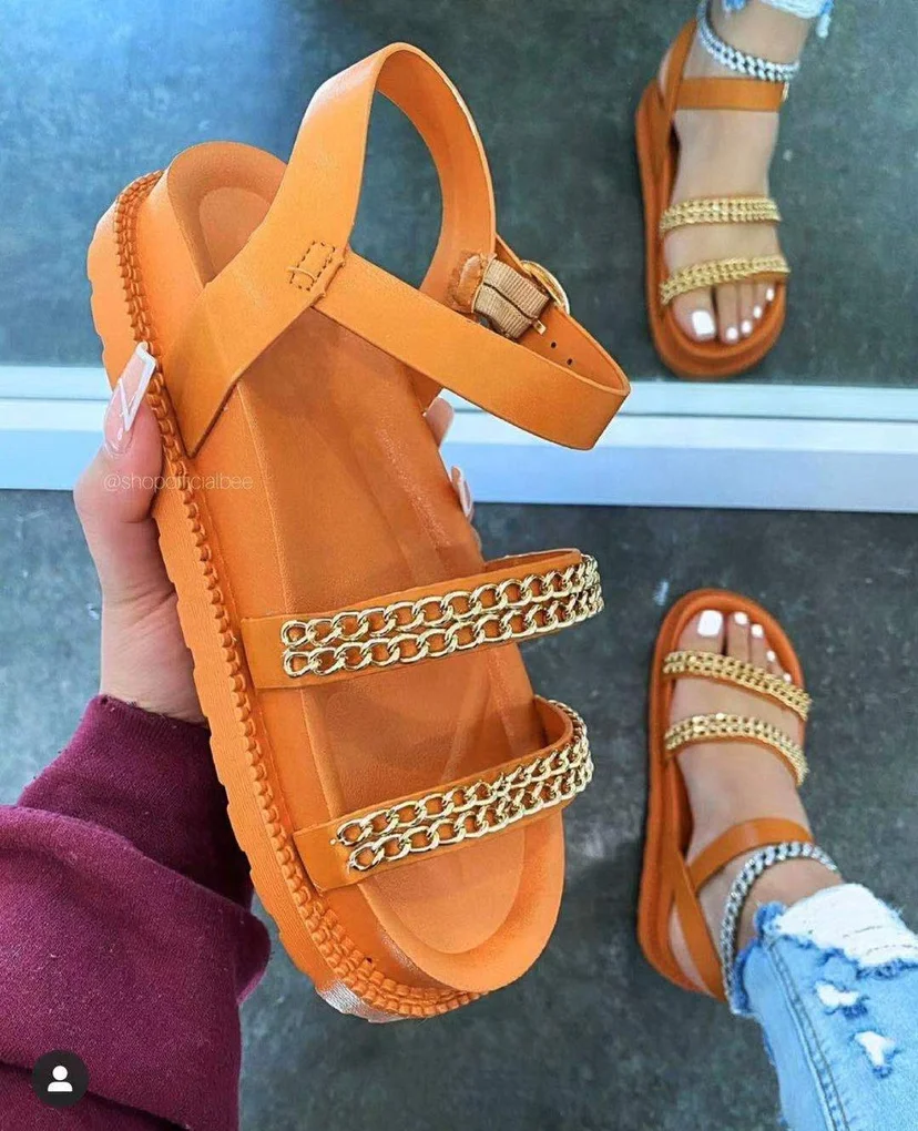 
Popular Femme Sandale Rope Flat Chain Ankle Strappy Female Footwear Cozy Orange Platform Slide Thick Outdoor Sandals 