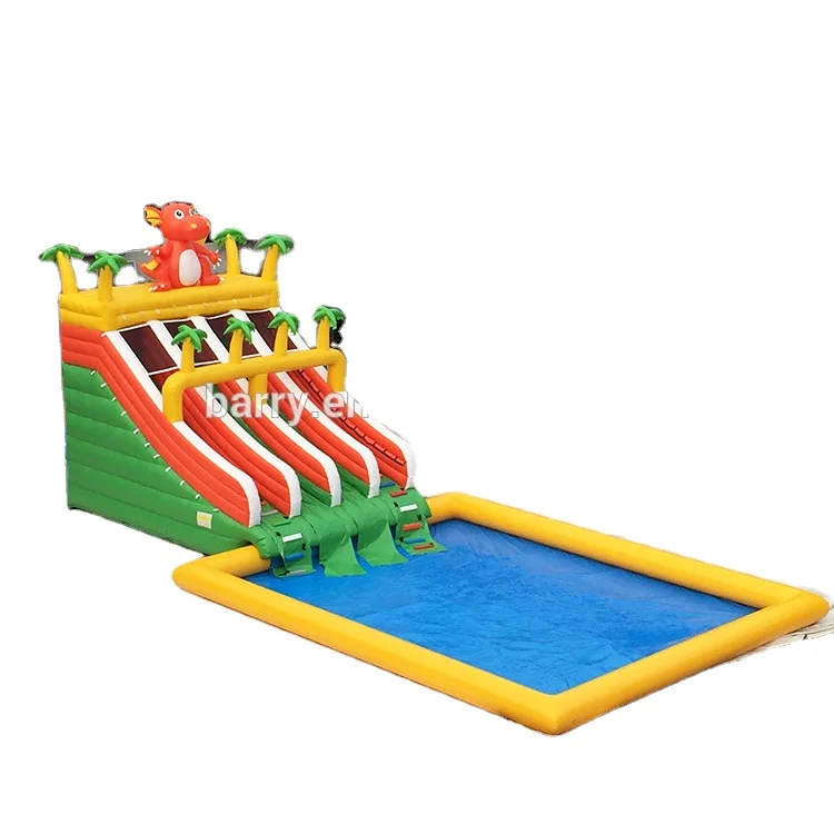 Уличный захватывающий надувной аквапарк для продажи, двойная горка динозавра с бассейном