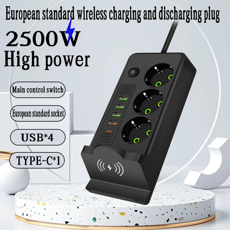 Wireless Charger Extension Socket 3 Way German Plug Adapter Schuko Type C Charging Electrical USB Power Board Outlet