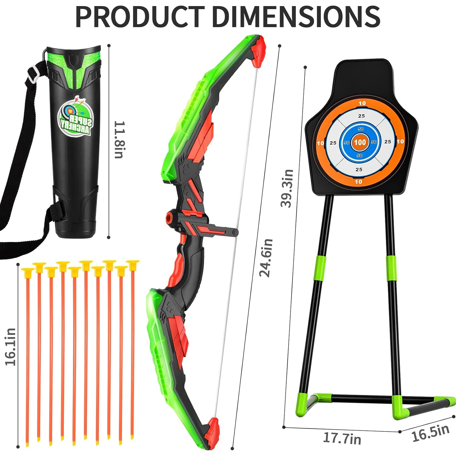 Toy Bow and Arrow  Archery LED Light Up Girls Boys Toy Set For Kids with 10 Suction Cup Arrows and Target Indoor Outdoor Toys