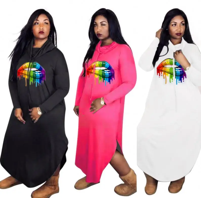 Digital printed rainbow lip wholesale new design high collar pocket loose side slit casual dress for women FM-YH-SGL7336