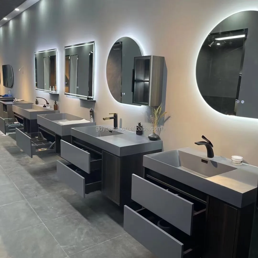Sanitary ware slate countertop double basin bathroom vanity with LED mirror premium wall mount bathroom vanity