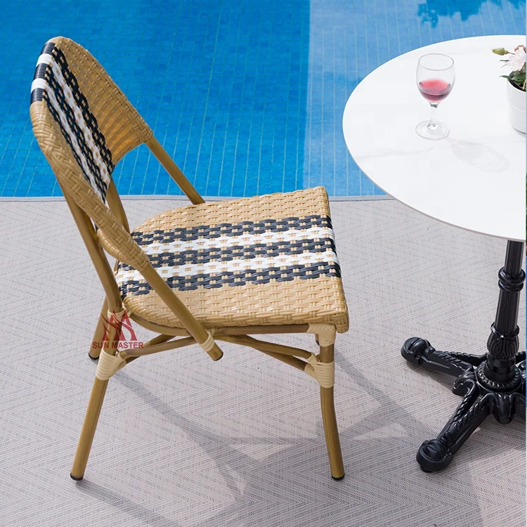 Modern Outdoor Furniture Garden Aluminum Rattan Wicker Stackable Chairs  Balcony French Cafe Bistro Bamboo Chair And Table Set