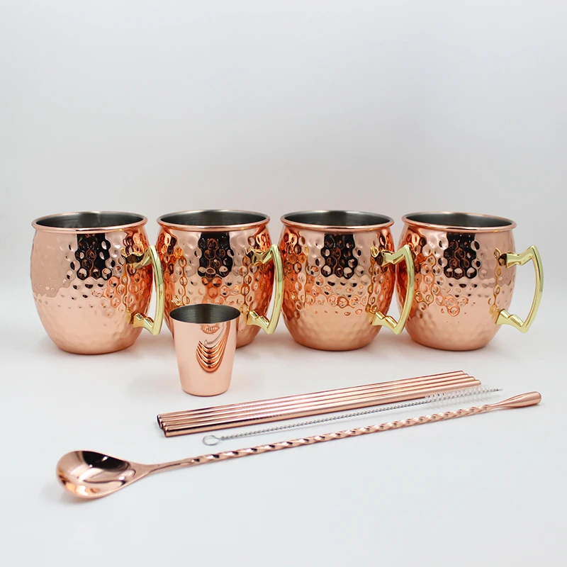 Amazon Manufacturer Set of 4 Hammered Copper Moscow Mule Mug Cup Stainless Steel Mug Mugs with Straws Customized Logo Acceptable