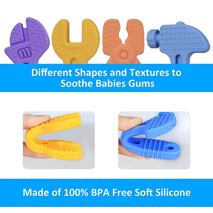 Amazon Hot selling Silicone Baby Chew Teether Toys Cute Hammer Wrench Spanner Spanner Pliers Molar bar  Brush Teething Toys
