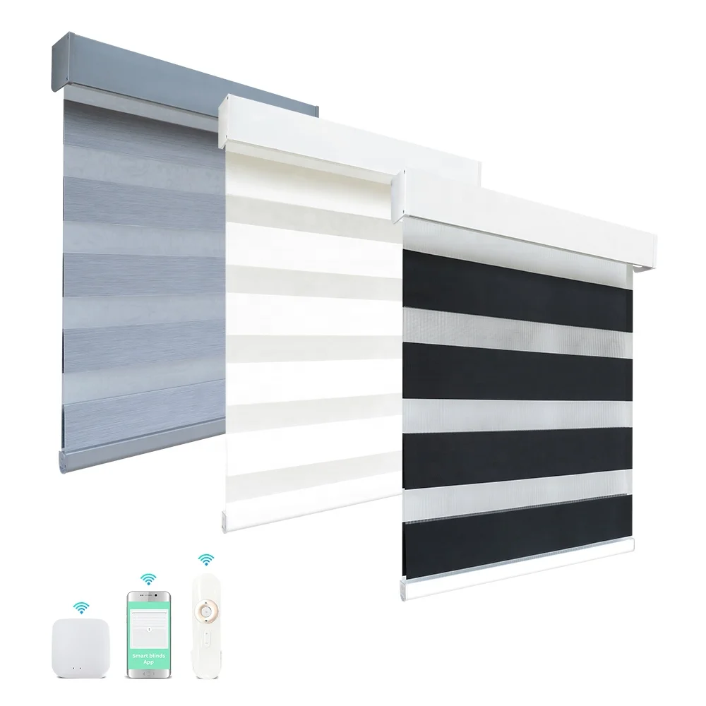 Wireless New Smart Motorized Zebra Blinds Bedroom Light Filtering Fabric By WiFi Google Alexa Control For Window
