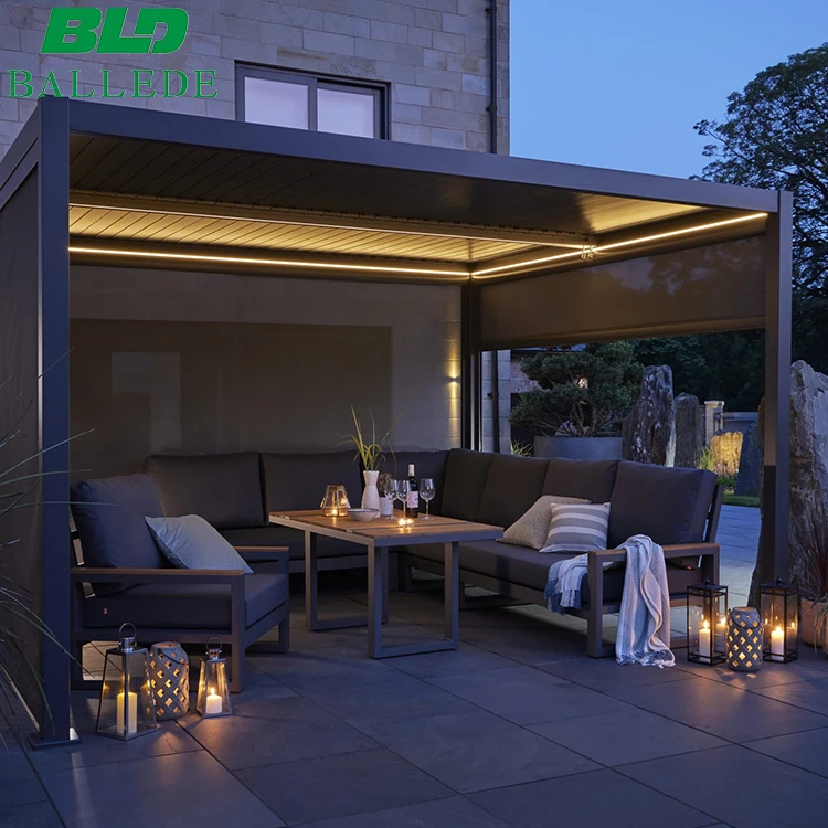 Weatherproof House Pergola Motorized Opening Louvered Roof with Outdoor Fireplace and Fan