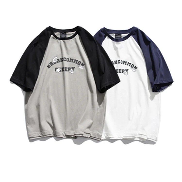 baggy ringer block t shirt with print Japanese style retro color block print short-sleeve shirts for men