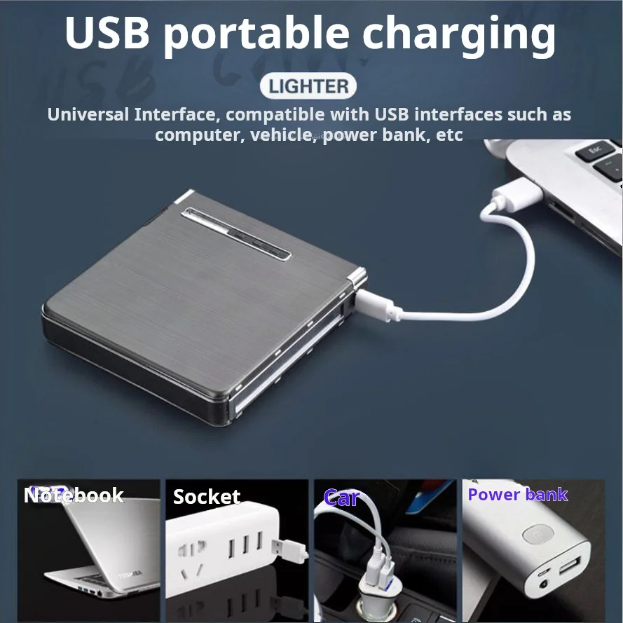 NEW 20 aluminum case usb charging lighter  2 in 1 Multi-function  lighter Replaceable Silk Cigarette Case