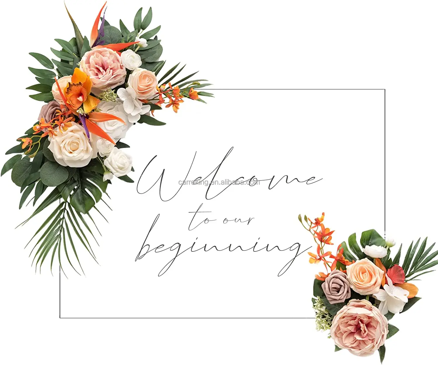 Welcome Sign Flower Wedding Backdrop Decor Tropical Bird of Paradise Rose Greenery Floral Arrangement Party Event